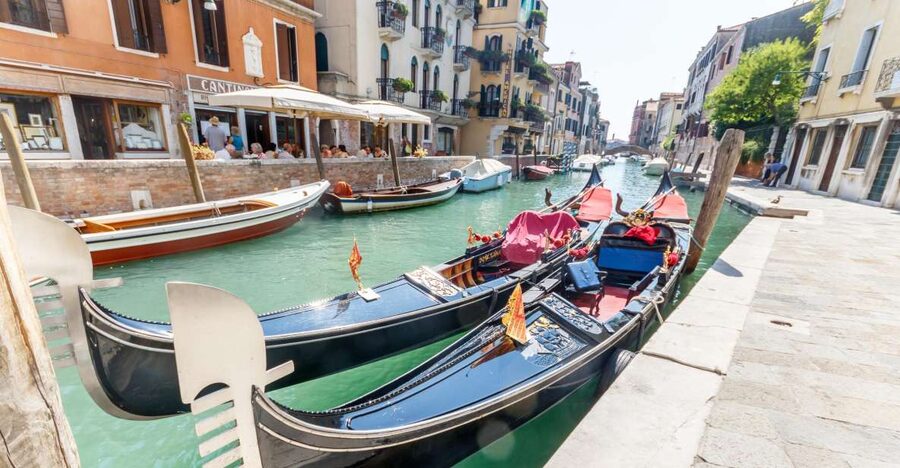 Gondolas moored on the Grand Canal at first light